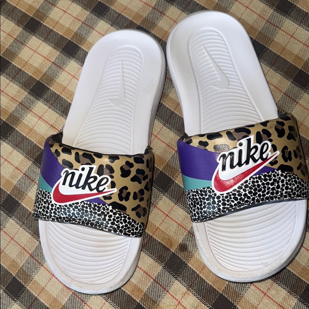 Nike Animal Print Slides with Red and Green Accents